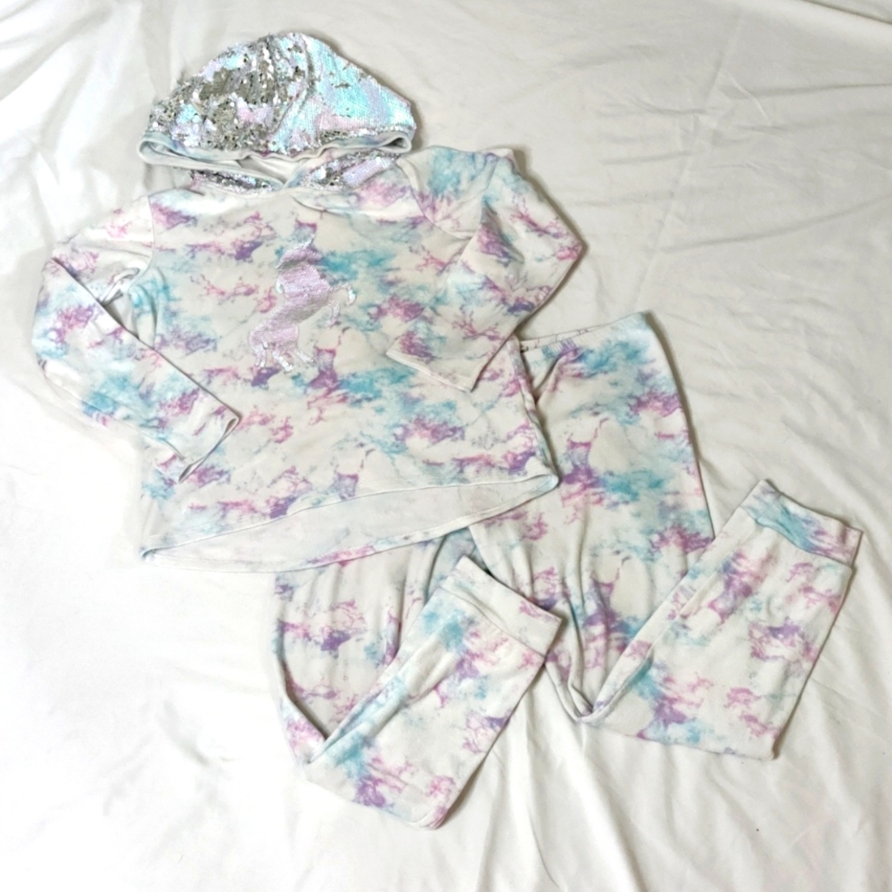 Girl's Self Esteem Hooded Sequins Velour Lounge Set Track Suit Sz Large